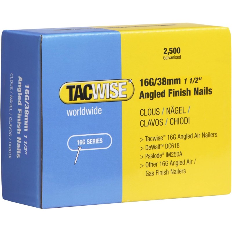 TACWISE 0770 Clavos Inclinados 16 G/38 mm, Caja de 2000 Unidades, Metalizado
