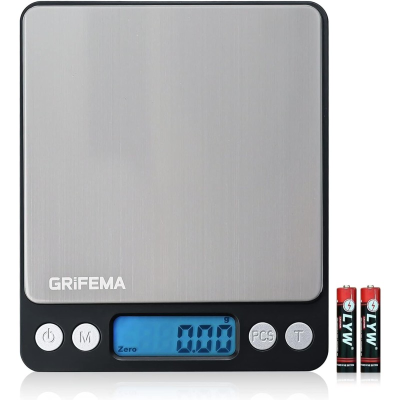 GRIFEMA - Báscula De Cocina Con Pantalla LCD, Digital, Balanza Con Tapa, Acero Inoxidable , 0.05 - 500 g