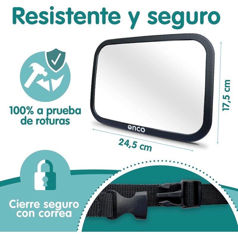 Espejo Coche Bebé Asiento Trasero - Irrompible y Vista 360°