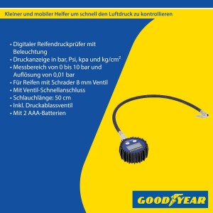 Goodyear Medidor de presión de neumáticos con indicador de presión Digital con iluminación
