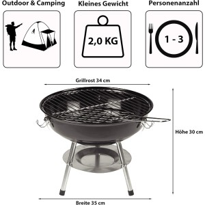 ACTIVA parrilla para carbón vegetal redonda con tapa, color negro, diámetro de 34 cm