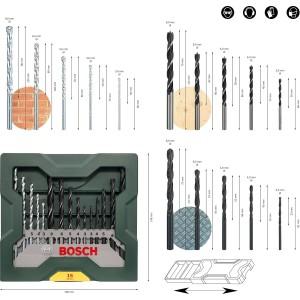 Bosch 15 uds. Set de brocas Mini-X-Line (para madera, mampostería y metal)