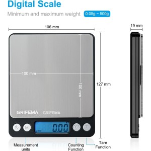 GRIFEMA - Báscula De Cocina Con Pantalla LCD, Digital, Balanza Con Tapa, Acero Inoxidable , 0.05 - 500 g