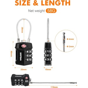 GRIFEMA GA1006-2 Candado TSA 3 Dígitos Pack de 2 Cable Anticorte