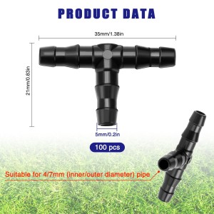 100 Piezas 4/7 mm Conectores en T de Plástico, VooGenzke T Conectores de Púas de Riego por Goteo