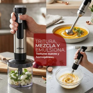 Batidora de Mano, 1500 W, Cuchillas con 4 Aspas, Bate, Mezcla y Pica, Múltiples Velocidades