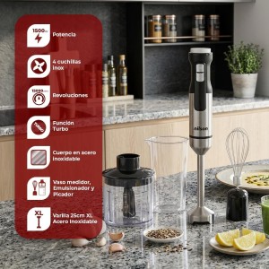 Batidora de Mano, 1500 W, Cuchillas con 4 Aspas, Bate, Mezcla y Pica, Múltiples Velocidades