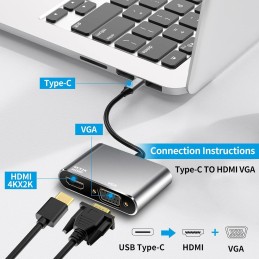 Adaptador USB C a HDMI VGA, 4K HDMI/1080P VGA USB-C 2 en 1 Adaptador USB C a HDMI VGA, 4K HDMI/1080P VGA USB-C 2 en 1