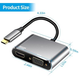 Adaptador USB C a HDMI VGA, 4K HDMI/1080P VGA USB-C 2 en 1 Adaptador USB C a HDMI VGA, 4K HDMI/1080P VGA USB-C 2 en 1
