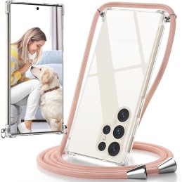 Funda con Cuerda para Samsung Galaxy S23 Ultra Transparente  Rosa/Dorado