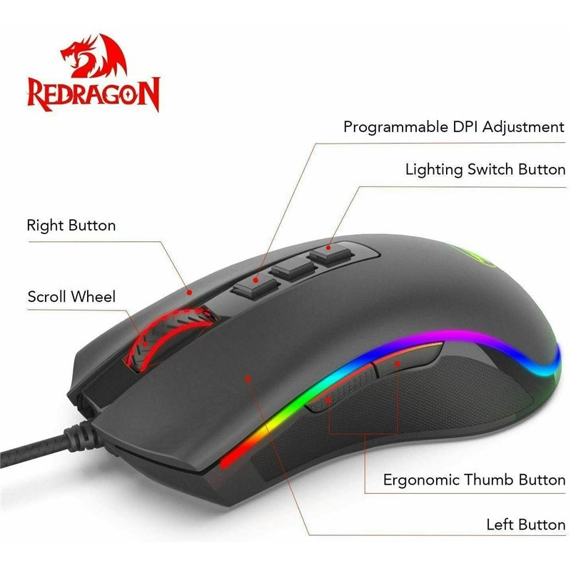 Redragon M711 Cobra Ratón Gaming, Sensor Pixart P3325 10,000 DPI, Iluminación RG