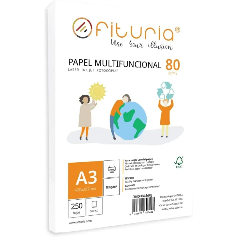 Paquete de folios A3 de 80gr con 250 Hojas Blancas