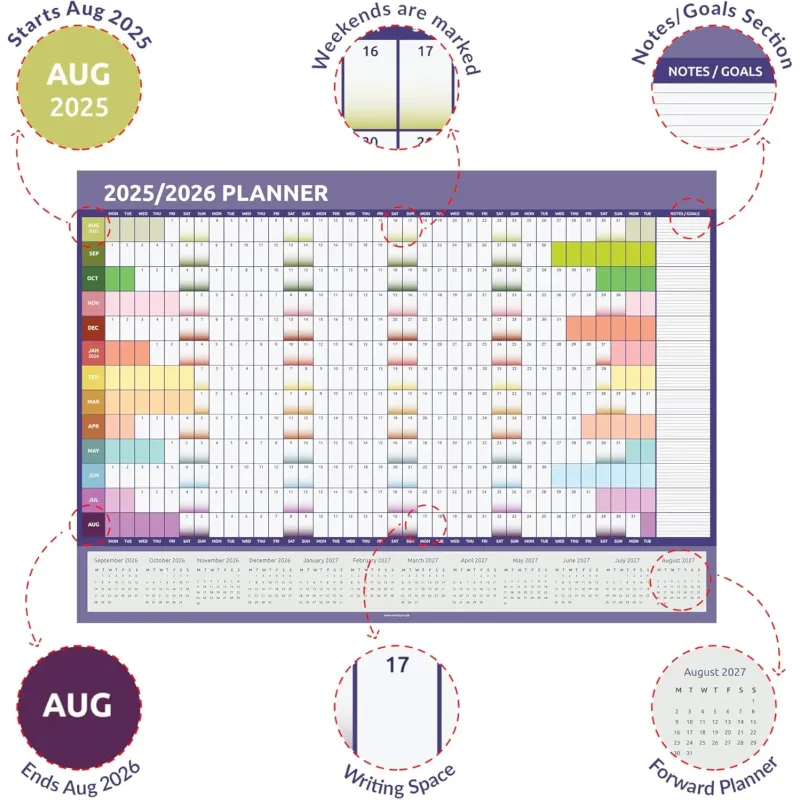 Agenda de pared 2025 2026, tamaño A2 (59 cm x 42)