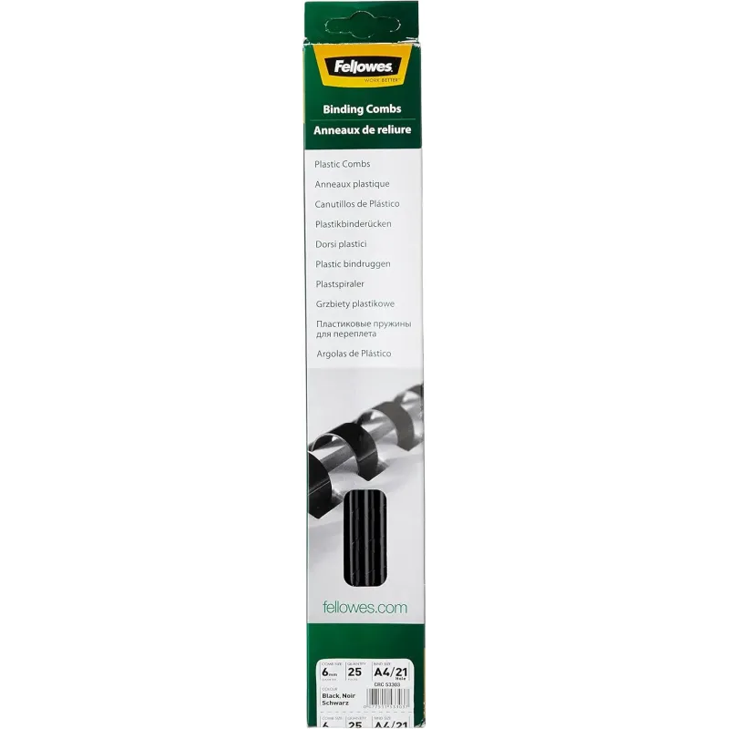 Fellowes 25 Canutillos de plástico para encuadernar, Negro, 6 mm