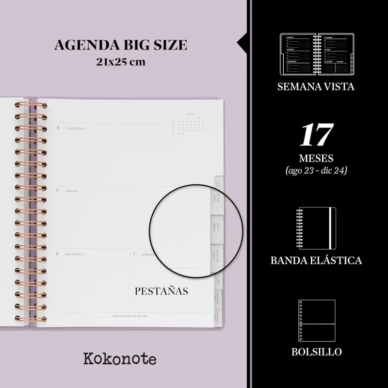 Kokonote Agenda 2024 semana vista Lilac Sunset