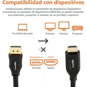 Amazon Basics Cable DisplayPort (Fuente) a HDMI (Pantalla), unidireccional.