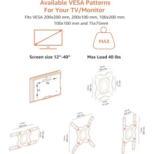 Amazon Basics Soporte de montaje en pared con movimiento completo para TV de 30 a 102 cm y VESA 200 x 200, Negro, 12" to 40".