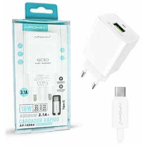 Cargador USB-A QC 3.0 18W 3.1A  APOKIN con cable tipo c Blanco