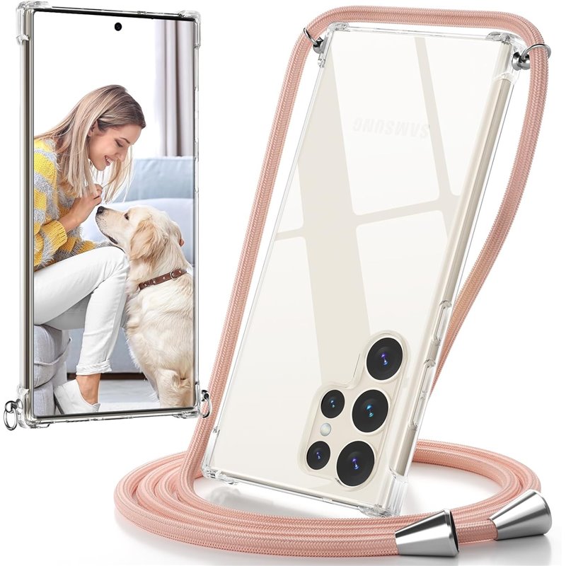Funda  para Samsung Galaxy S23 Ultra Transparente con Cuerda Rosa/Dorado