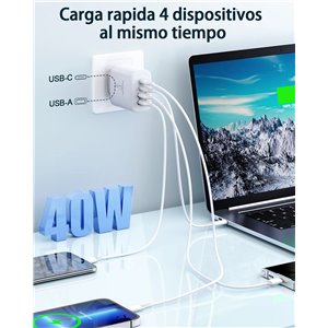 Cargador USB C, 40W 4-Puertos Cargador iPhone Carga Rapida
