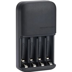 Amazon Basics Cargador de Pilas para Pilas Recargables AA y AAA NiMh, Enchufe de la UE, 4 Espacios., Negro