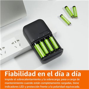 Amazon Basics Cargador de Pilas para Pilas Recargables AA y AAA NiMh, Enchufe de la UE, 4 Espacios., Negro