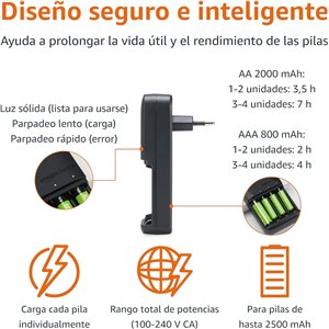 Amazon Basics Cargador de Pilas para Pilas Recargables AA y AAA NiMh, Enchufe de la UE, 4 Espacios., Negro