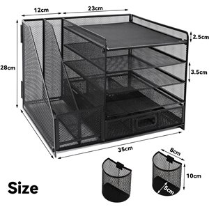 Organizador de escritorio de malla con soporte vertical para archivos, bandeja de papel de 5 niveles