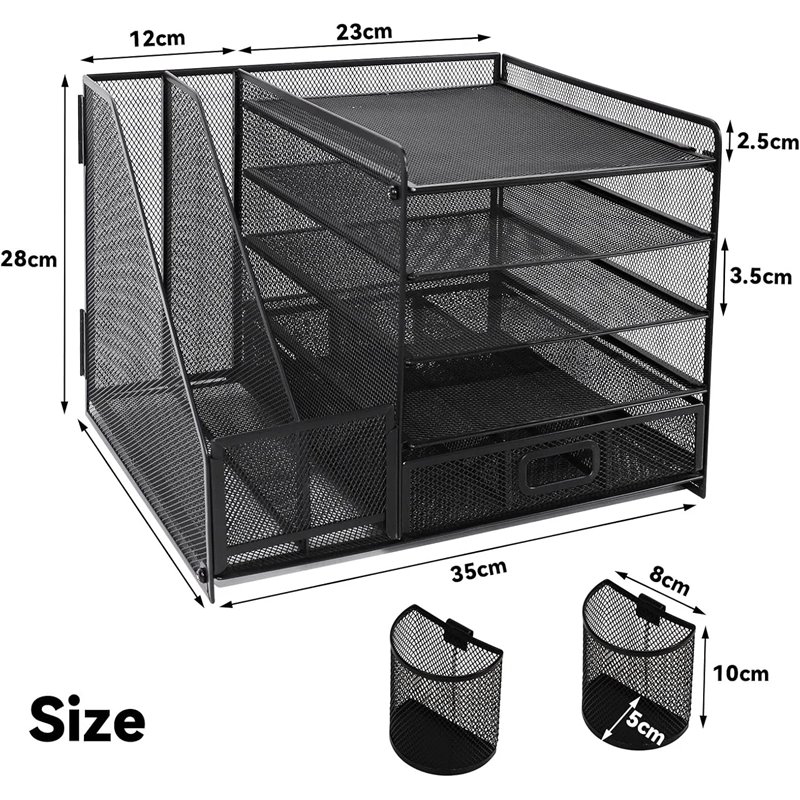 Organizador de escritorio de malla con soporte vertical para archivos, bandeja de papel de 5 niveles