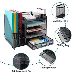 Organizador de escritorio de malla con soporte vertical para archivos, bandeja de papel de 5 niveles