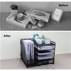 Organizador de escritorio de malla con soporte vertical para archivos, bandeja de papel de 5 niveles