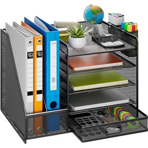Organizador de escritorio de malla con soporte vertical para archivos, bandeja de papel de 5 niveles