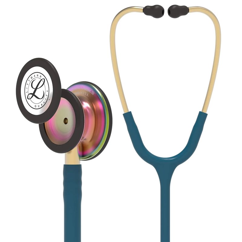 3M Littmann Fonendoscopio para monitorización Classic III, acabado en arcoíris, tubo azul Caribe, 68,5 cm, 5807