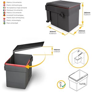 Cubo de basura bajo fregadero, gris antracita, 15 litros