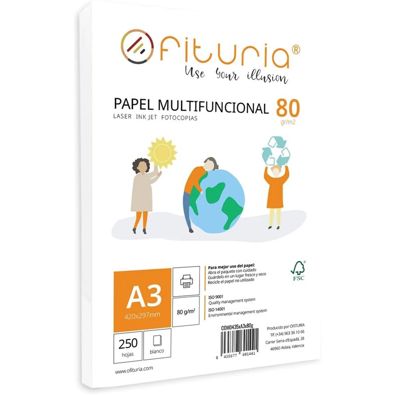 Paquete de folios A3 de 80gr con 250 Hojas Blancas