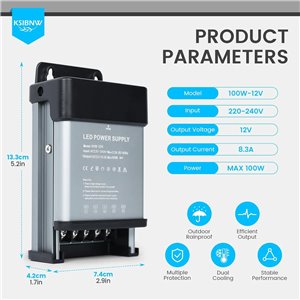 Transformador 220V a 12V 100W, Fuente de Alimentación Exterior Impermeable IP44