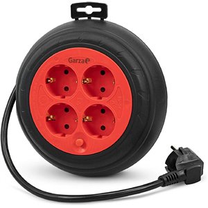 Garza - Enrollador de cable 3 m rojo y negro, 4 tomas Schuko