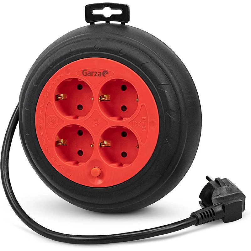 Garza - Enrollador de cable 3 m rojo y negro, 4 tomas Schuko