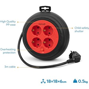 Garza - Enrollador de cable 3 m rojo y negro, 4 tomas Schuko