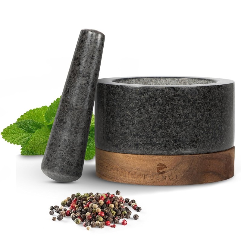 ECENCE Mortero Cocina en Madera de Acacia y Granit