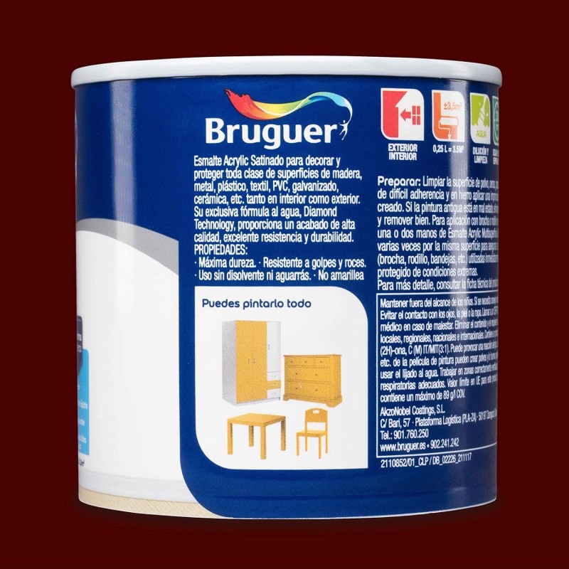 Bruguer Acrylic Multisuperficie Esmalte al agua Satinado Rojo Grana 250 ml