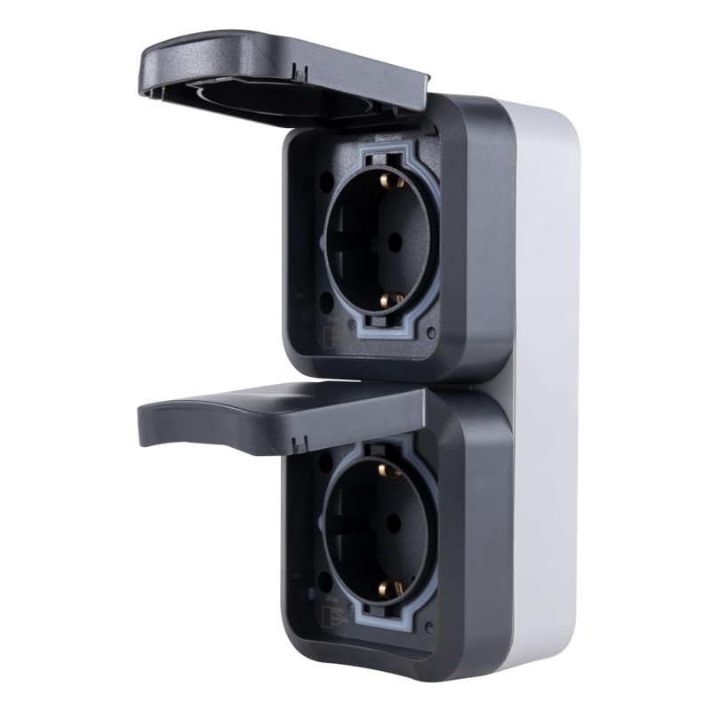 REV - AquaStorm, doble enchufe, IP55, bipolar, montaje en superficie vertical