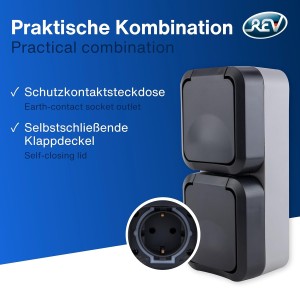 REV - AquaStorm, doble enchufe, IP55, bipolar, montaje en superficie vertical