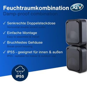REV - AquaStorm, doble enchufe, IP55, bipolar, montaje en superficie vertical