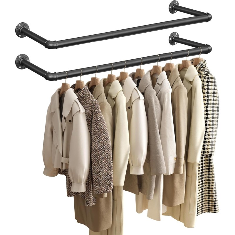 SONGMICS Perchero de Pared para Ropa, Perchero de Barra para Colgar Ropa Industrial, Juego de 2, Ahorro de Espacio, 92 x 30 x 7,