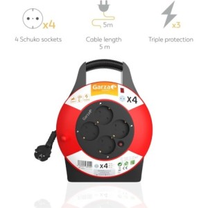Garza Power - Enrollacables Doméstico de 5 metros con asa , 4 tomas Schuko