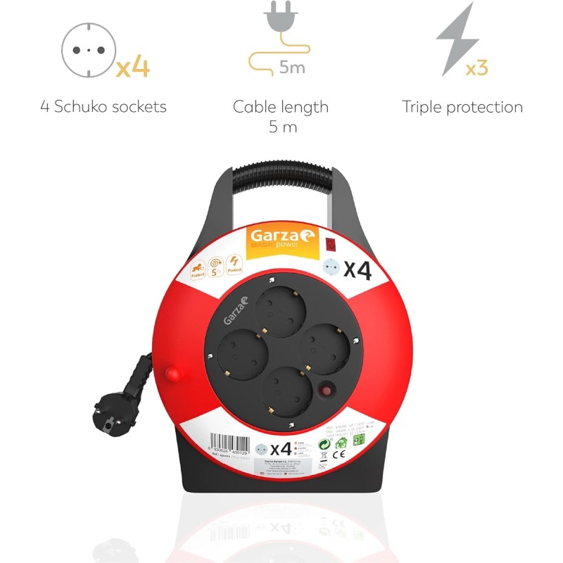 Garza Power - Enrollacables Doméstico de 5 metros con asa , 4 tomas Schuko