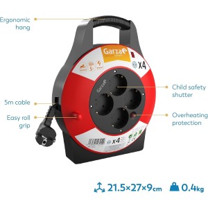 Garza Power - Enrollacables Doméstico de 5 metros con asa , 4 tomas Schuko