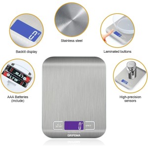 GRIFEMA - GA2002, Báscula de Cocina con Pantalla LCD, Acero Inoxidable