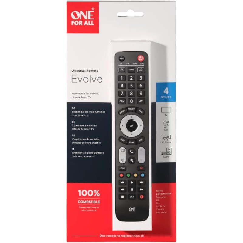 One For All Evolve 4 - Mando a Distancia (Cable, DTT, DVD/BLU-Ray, Consola de Juegos, Sistema de Cine en casa
